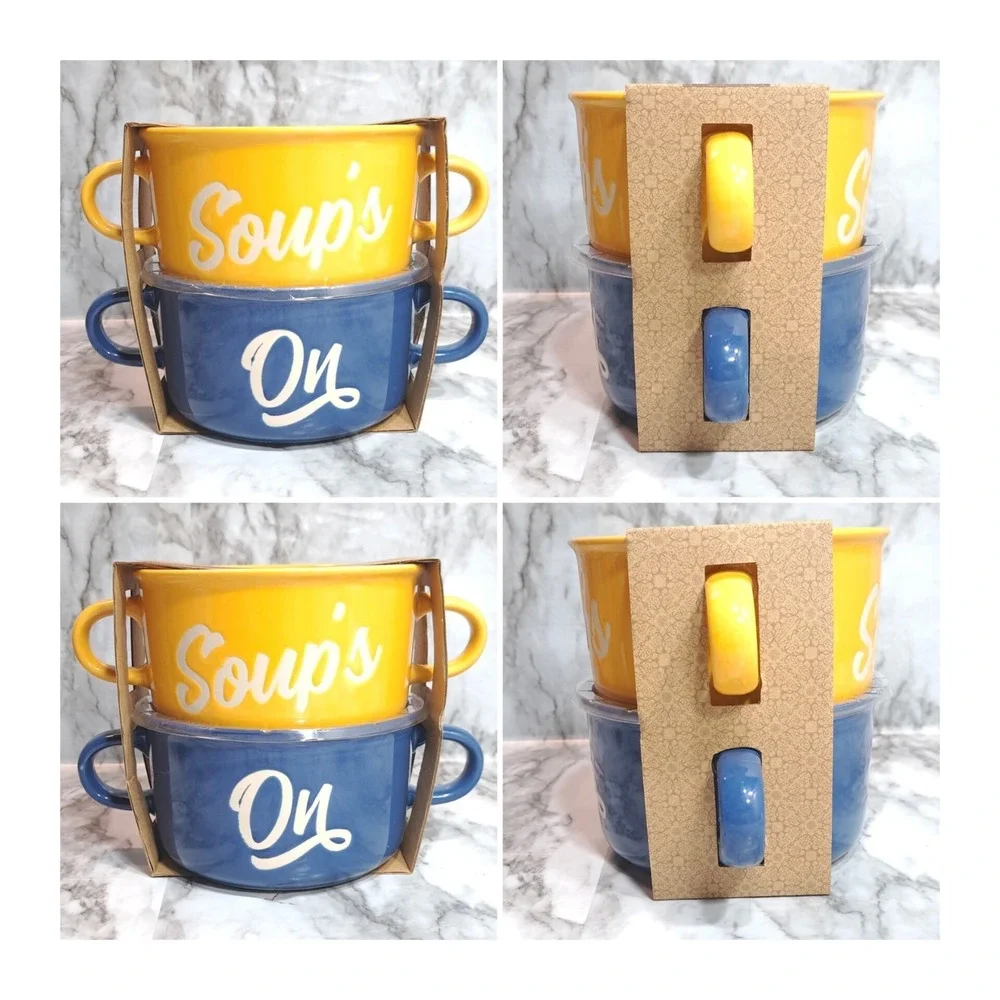 Set/2 ABODE Housewares Stoneware Bowls Yellow & Blue Soup's‎ On 20 oz